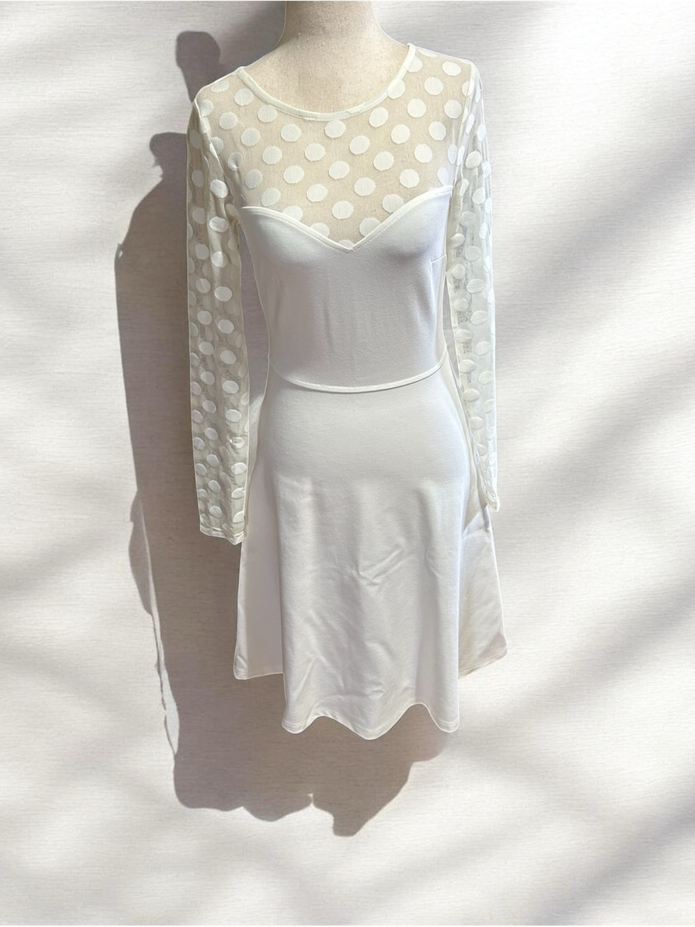 Love By Design White Polka Mesh Bodice Long-Sleeve A-Line Dress Size Small